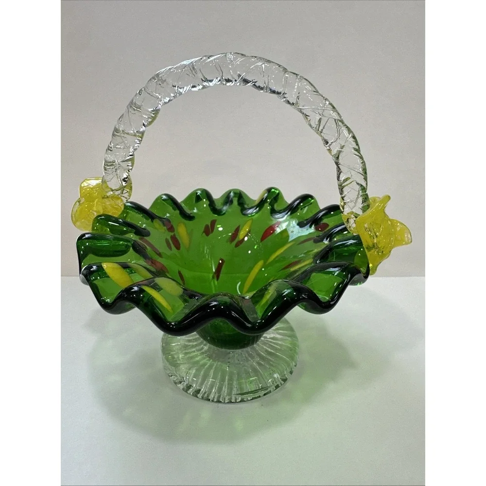 Vintage Hand Blown Art Glass Basket Emerald Green Confetti Ruffled Yellow 5.5